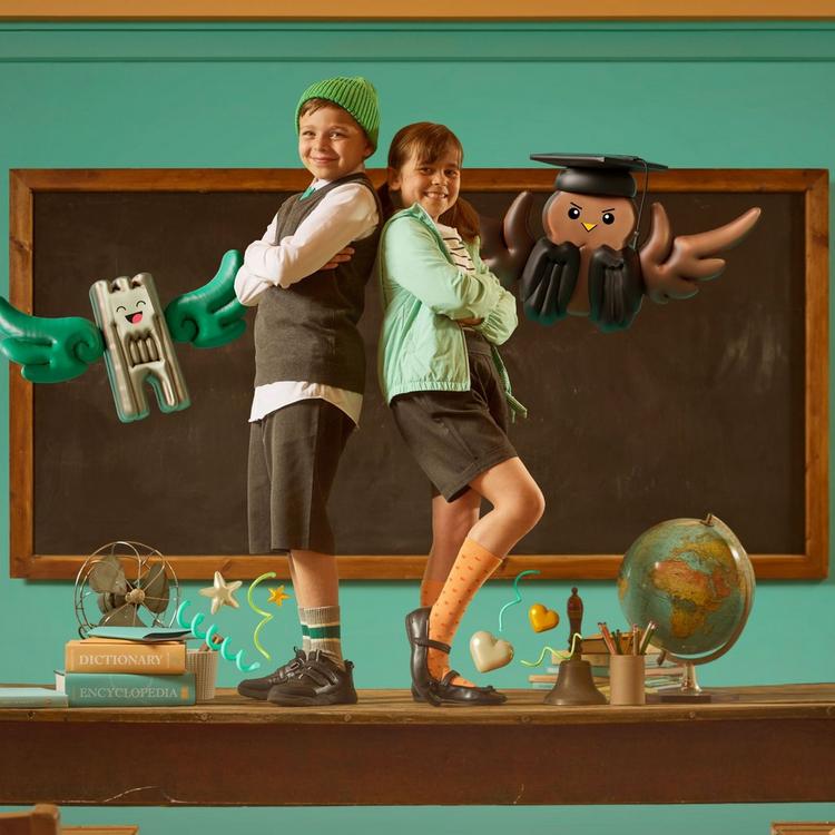 girls and boys standing on a desk wearing dance beam and feather shine school shoes